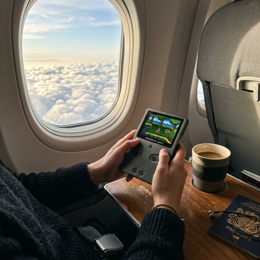 R36S handheld travel gaming on airplane